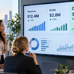 Business professionals reviewing a financial dashboard showing revenue, profit and cash performance during a strategy meeting.