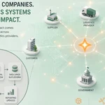 Graphic diagram titled "AI Connects Companies. Autonomous Systems Drive Real Impact" illustrating a network connecting a Customer, Supplier, Logistics Provider, Bank, Insurance Provider, and Government, alongside a process workflow for insights, reporting, and cross-organisation automation