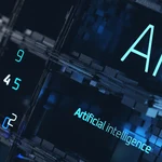 A digital graphic featuring blue neon numbers and server blocks displaying the letters "AI" and the phrase "Artificial Intelligence" against a dark futuristic background.