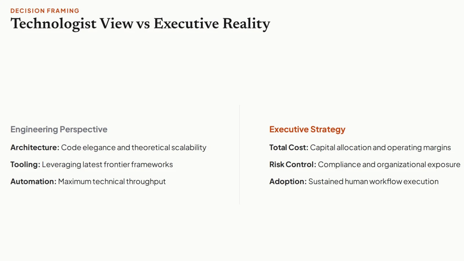 Light graphic slide titled "Decision Framing: Technologist View vs Executive Reality" comparing two perspectives side-by-side:   Engineering Perspective:Architecture: Code elegance and theoretical scalability   Tooling: Leveraging latest frontier frameworks   Automation: Maximum technical throughput   Executive Strategy:Total Cost: Capital allocation and operating margins   Risk Control: Compliance and organizational exposure   Adoption: Sustained human workflow execution