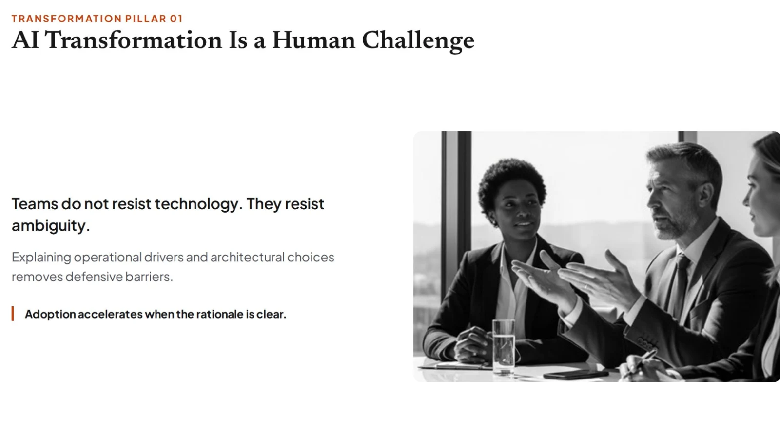 Light graphic slide with an orange header reading "TRANSFORMATION PILLAR 01" above the main heading "AI Transformation Is a Human Challenge." On the left, bold text states "Teams do not resist technology. They resist ambiguity." followed by explanation text "Explaining operational drivers and architectural choices removes defensive barriers." and a highlighted takeaway "| Adoption accelerates when the rationale is clear." On the right is a black-and-white photograph of professionals in a meeting, featuring a man gesturing while presenting to colleagues.