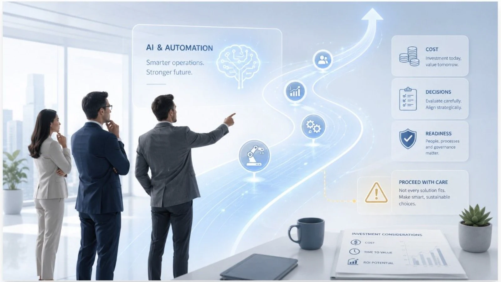 Executive business team analyzing a digital HUD visualization depicting AI and automation strategy, roadmap milestones, and investment considerations