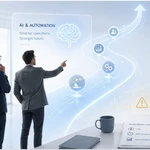 Executive business team analyzing a digital HUD visualization depicting AI and automation strategy, roadmap milestones, and investment considerations