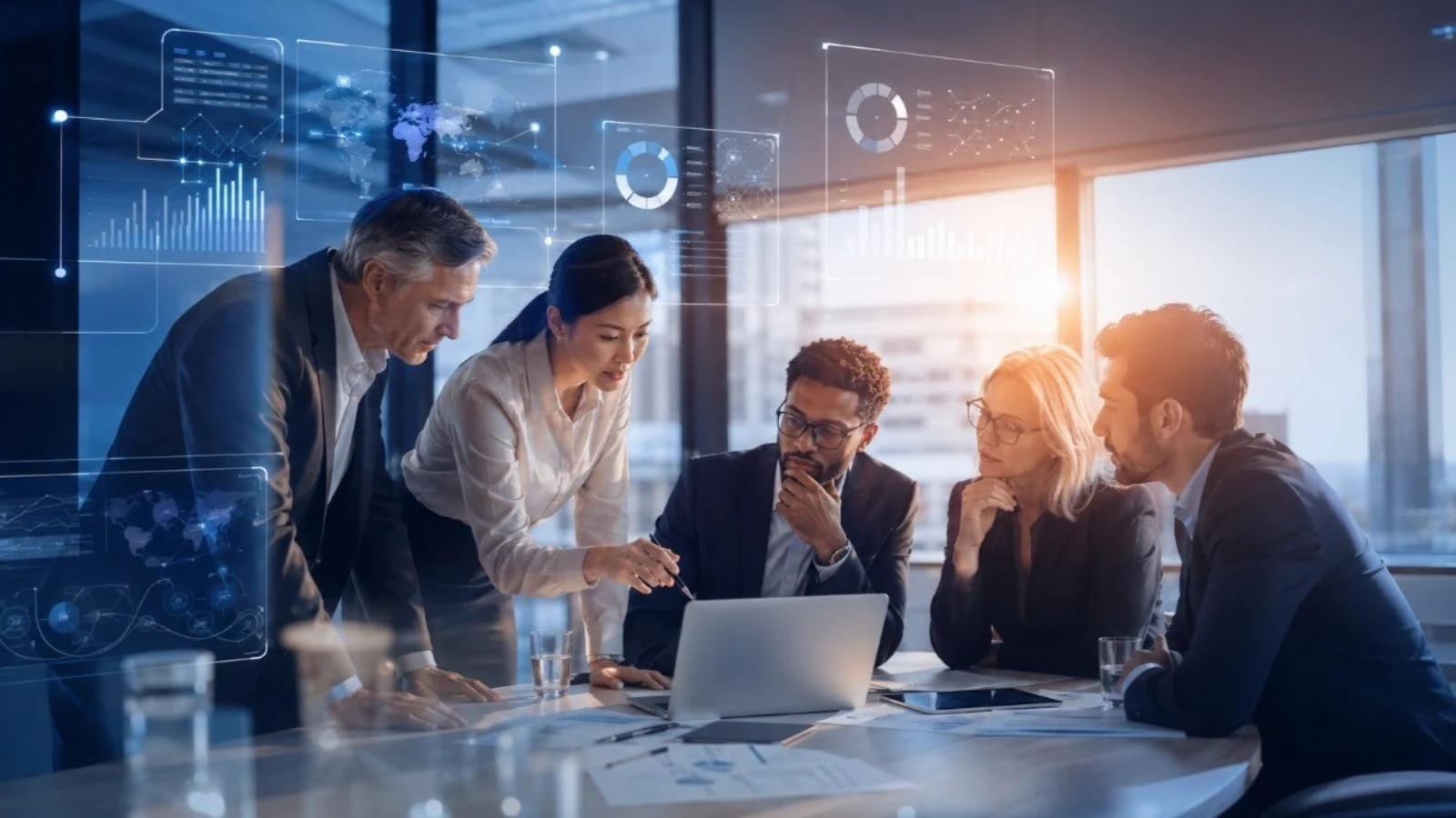 Corporate executive team collaborating around a board table analyzing dynamic financial charts, global metrics, and AI analytics projected on digital screens.