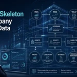 Financial analyst examining a digital dashboard titled "Seeing the Financial Skeleton of a Company Through Data" displaying connected metrics for ROA, ROE, leverage, profit, cash flow, and debt-to-equity ratios.