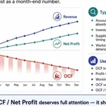 Financial infographic detailing how profit can grow while operating cash flow declines, highlighting working capital drivers, Power BI report views, and the OCF drill-down workflow.