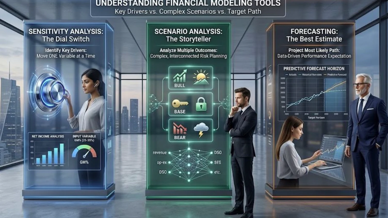 Executive business team exploring three interactive digital displays depicting Sensitivity Analysis, Scenario Analysis, and Forecasting frameworks for enterprise FP&A