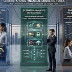 Executive business team exploring three interactive digital displays depicting Sensitivity Analysis, Scenario Analysis, and Forecasting frameworks for enterprise FP&A