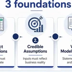 Financial infographic detailing the three foundations of a trustworthy financial model: correct calculations, credible assumptions, and valid model structure, with the tagline "Precision is not the same as reliability