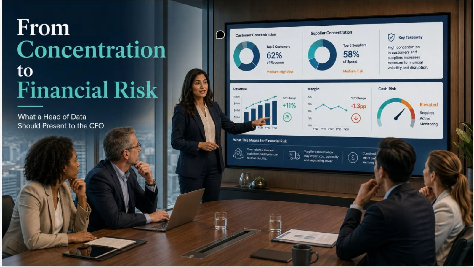 Head of Data presenting a financial risk dashboard to executive leadership, displaying metrics for customer concentration, supplier concentration, revenue trends, and cash risk.