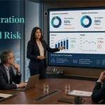 Head of Data presenting a financial risk dashboard to executive leadership, displaying metrics for customer concentration, supplier concentration, revenue trends, and cash risk.