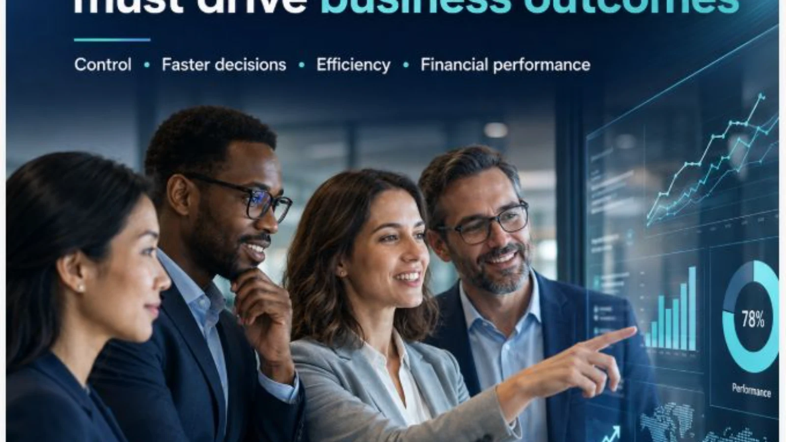 Professional executive team reviewing interactive digital performance dashboards with the headline "Data investment must drive business outcomes" emphasizing control, faster decisions, efficiency, and financial performance.
