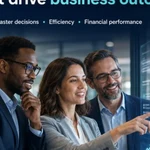 Professional executive team reviewing interactive digital performance dashboards with the headline "Data investment must drive business outcomes" emphasizing control, faster decisions, efficiency, and financial performance.