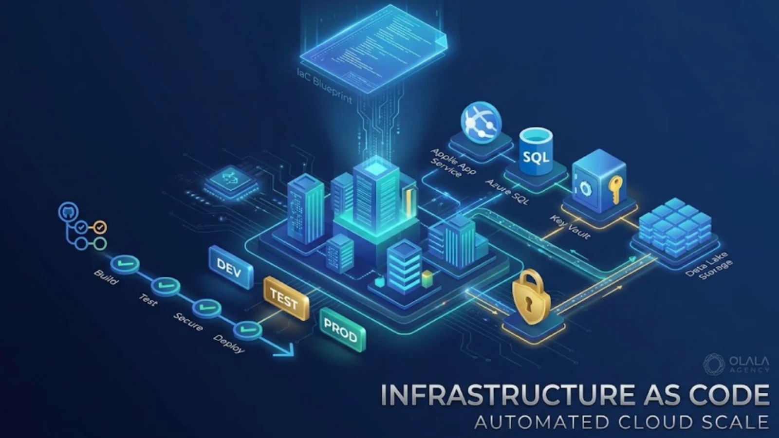 A 3D isometric illustration of a secure, automated Cloud Infrastructure as Code (IaC) workflow on a dark blue background. An "IaC Blueprint" document glows at the top, sending digital data down to build a virtual city-like cloud environment. On the left, an automated "GitHub Actions" timeline displays stages labeled "Build," "Test," "Secure," and "Deploy," routing through Dev, Test, and Prod markers. To the right, various labeled cloud services are interconnected, including Apple App Service, Azure SQL, Key Vault with a padlock, and Data Lake Storage. The visual features vibrant blue, teal, and gold lighting, with the text "INFRASTRUCTURE AS CODE" and "AUTOMATED CLOUD SCALE" at the bottom next to an OLALA Agency watermark.