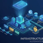 A 3D isometric illustration of a secure, automated Cloud Infrastructure as Code (IaC) workflow on a dark blue background. An "IaC Blueprint" document glows at the top, sending digital data down to build a virtual city-like cloud environment. On the left, an automated "GitHub Actions" timeline displays stages labeled "Build," "Test," "Secure," and "Deploy," routing through Dev, Test, and Prod markers. To the right, various labeled cloud services are interconnected, including Apple App Service, Azure SQL, Key Vault with a padlock, and Data Lake Storage. The visual features vibrant blue, teal, and gold lighting, with the text "INFRASTRUCTURE AS CODE" and "AUTOMATED CLOUD SCALE" at the bottom next to an OLALA Agency watermark.