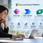 Business professional using Microsoft Power Platform, integrating Power Apps, Power Automate and Dataverse to enable secure business automation, data governance, scalability and AI readiness.