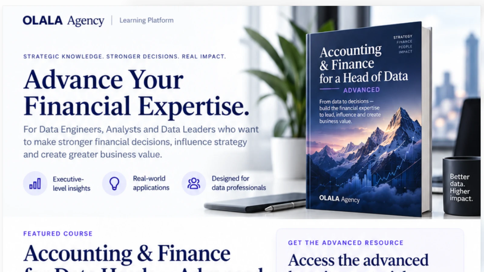Accounting & Finance for Data Heads — Foundation course cover, introducing a 30-day programme covering accounting fundamentals, financial statements, profitability, and cash flow for data professionals.