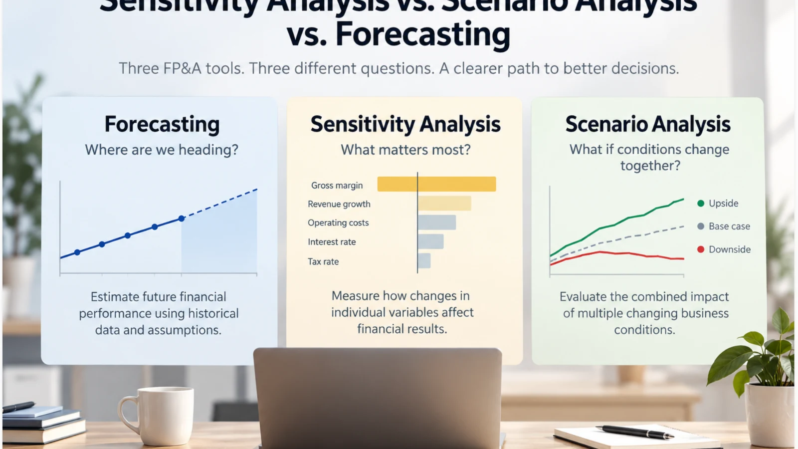 Infographic comparing three financial planning and analysis (FP&A) tools: Forecasting predicts future performance, Sensitivity Analysis measures the impact of individual variables, and Scenario Analysis evaluates multiple changing business conditions.