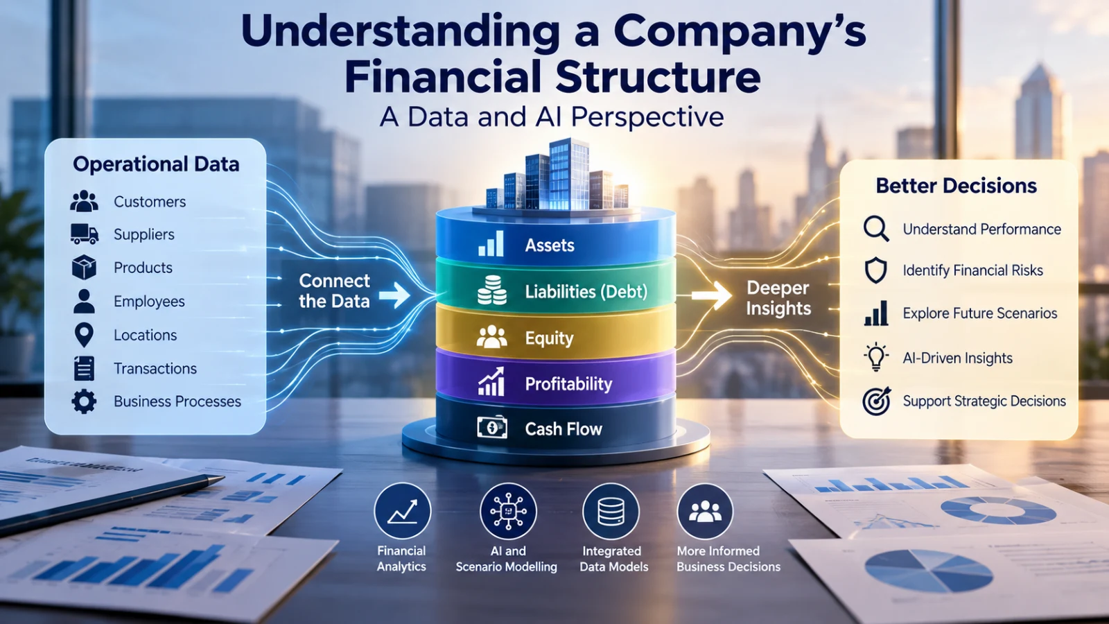 Infographic illustrating how operational data connects with a company's financial structure, including assets, liabilities, equity, profitability and cash flow. Demonstrates how Data and AI professionals integrate business information to analyse financial performance, identify risks, model future scenarios and support better strategic decisions.