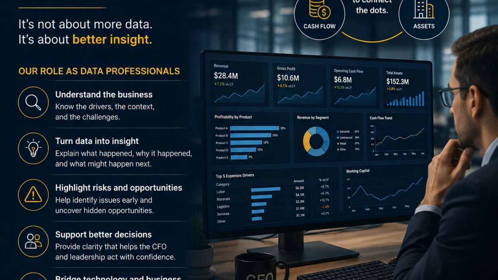 Data professional analysing business and financial performance, connecting operational data with profitability, cash flow, assets, risks, and opportunities to support better CFO decision-making.